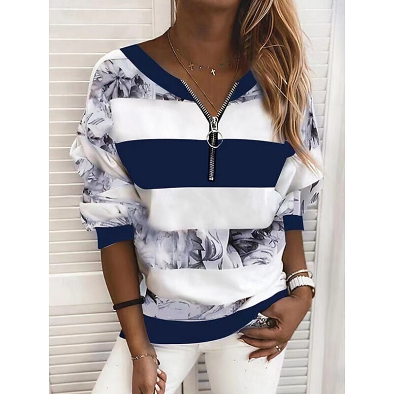 Women's Quarter Zipper Sweater Blouse Striped Stylish Casual Long Sleeve V Neck Regular Tops Daily Print Yellow Pink Blue Spring Fall2