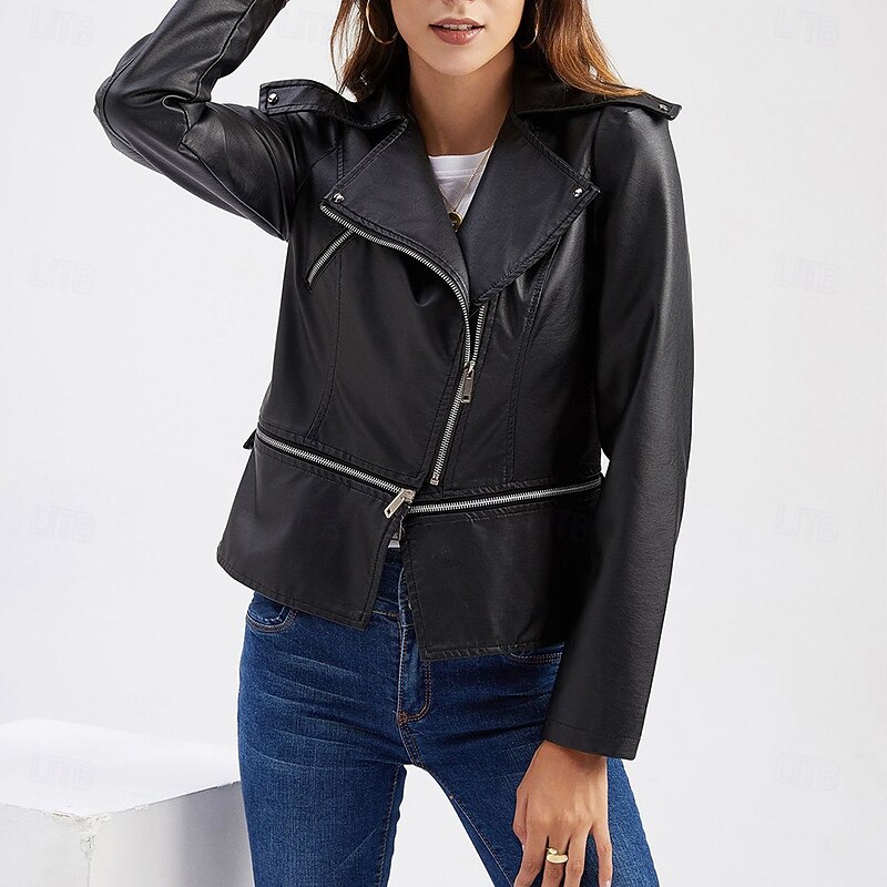 Women's Faux Leather Jacket Comfortable Full Zip Fashion Street Style Plain Outdoor Casual Daily Regular Turndown Regular Fit Long Sleeve Outerwear Black Burgundy Camel Spring Fall3