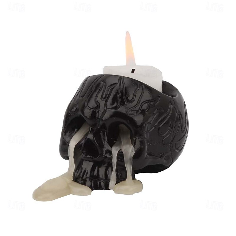 Halloween Resin Figurine Creative Black Flame Skull Candle Holder Small Resin Candle Base Gothic Decorative Craft Spooky Tabletop Ornament Unique Home Decor Halloween