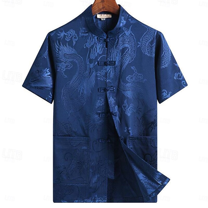 Men's Shirt Chinese Collar Shirt Mandarin Collar Shirt Summer Shirt Casual Shirt Beach Shirt White Yellow Red Blue Gray Short Sleeve Dragon Mandarin Collar Vacation Holiday Embroidered Clothing