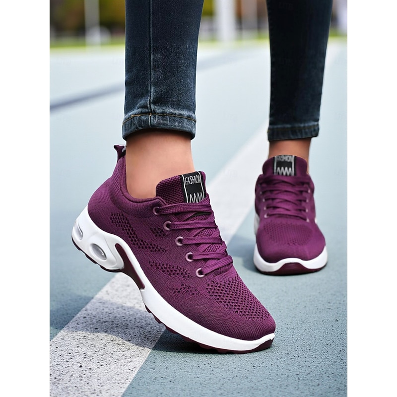 Women's Purple Flyknit Running Shoes – Lightweight Breathable Sport Sneakers for Gym, Jogging, Walking and Everyday Casual Wear
