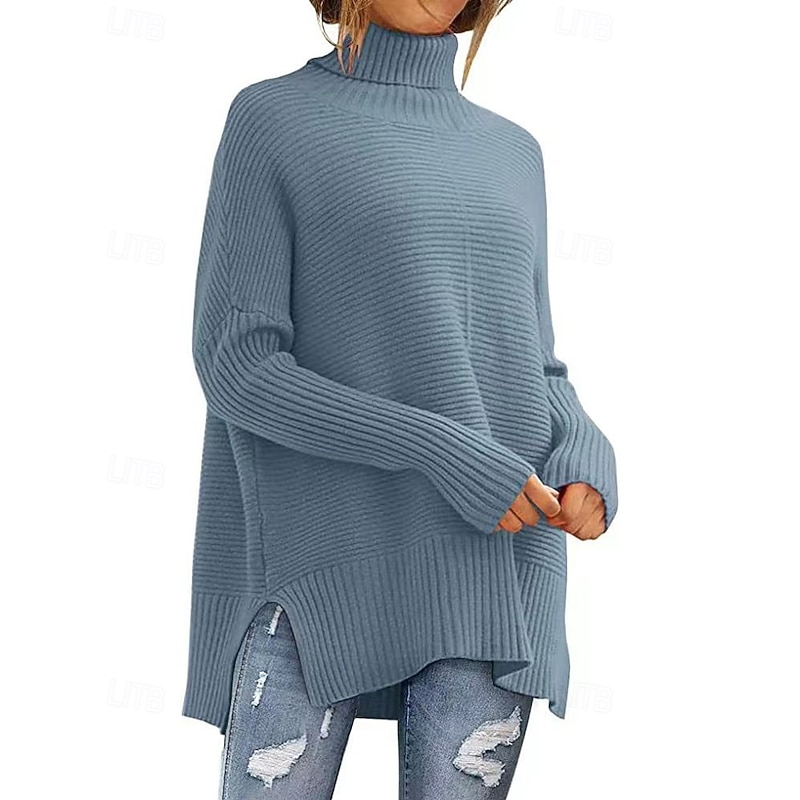 Women's Sweater Pullover Fashion Soft Solid Color Ribbed Turtleneck Knitted Split Long Sleeve Regular Tops Knit Holiday Going out Weekend Navy Blue Dark Green Fall Winter2