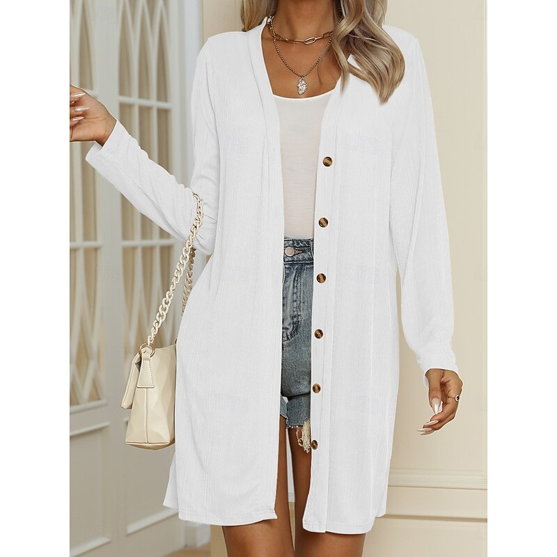 Women's Casual Jacket Comfortable Breathable Buttons Casual Plain Vacation Street Casual Daily Wear Single Breasted Long V Neck Regular Fit Long Sleeve Outerwear Black White Blue Summer Spring2