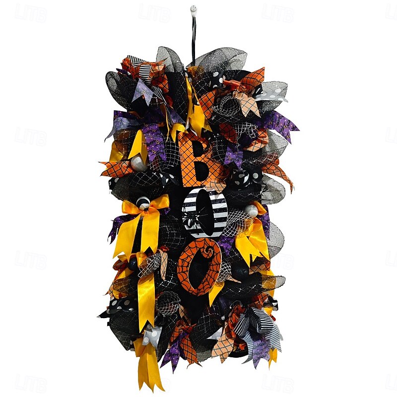 Halloween Witch Wreath with Hat Legs Pumpkin Door Wreath,Artificial Wall Wreath for Outdoor Halloween Home Decor3