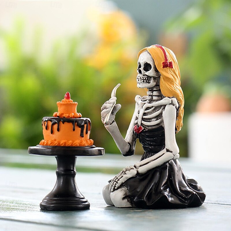 Halloween Resin Cake Skeleton Girl Figurine, Cute Spooky Decoration for Outdoor Yard, Planter, Desktop, Bookshelf, and Home Display