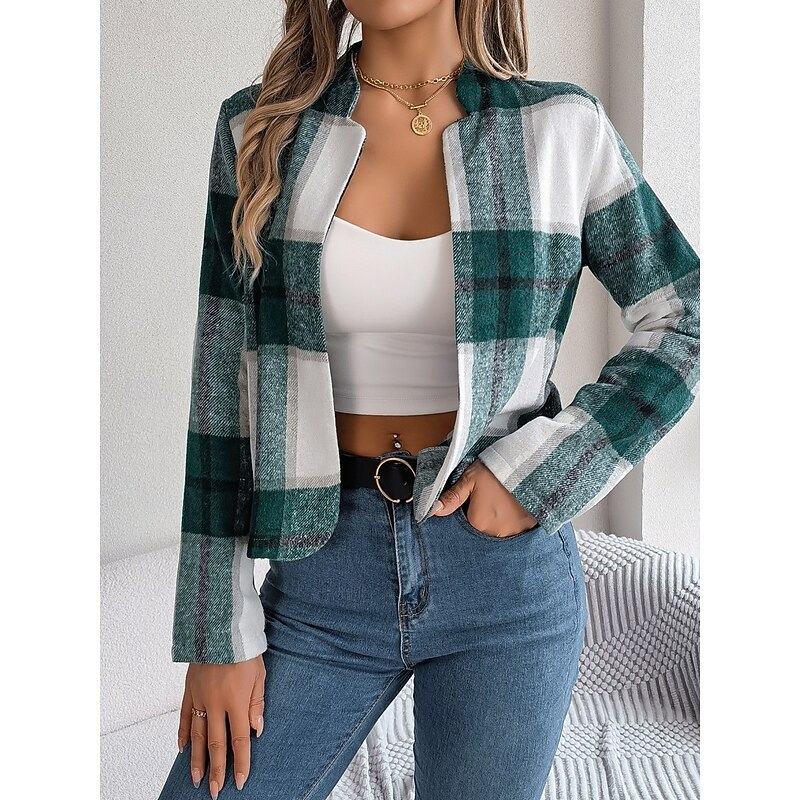 Women's Casual Jacket Comfortable Breathable Print Casual Plaid Vacation Street Daily Wear Going out Open Front Short Stand Collar Regular Fit Long Sleeve Outerwear Navy Red Green Summer Spring4