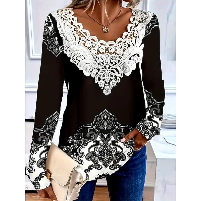 Women's Blouse Tunic Lace Splicing V Neck Long Sleeve Graphic Paisley Plants Round Neck Regular Tops Daily Going out Weekend Lace Patchwork Print Black Spring Fall Prefall