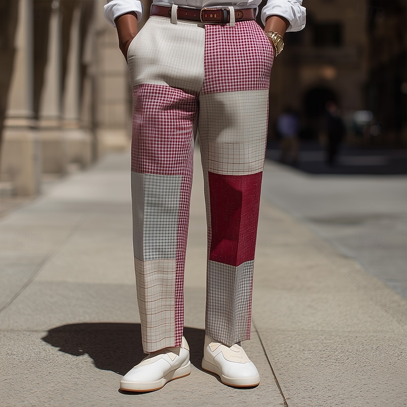 Men's Color Block Patchwork Dress Pants Trousers Suit Pants Mid Waist Vintage Retro Outdoor Vacation Regular Fit Flat-Front Straight Leg Pants with Pockets Summer Spring Fall 3D Print Pink Wine khaki