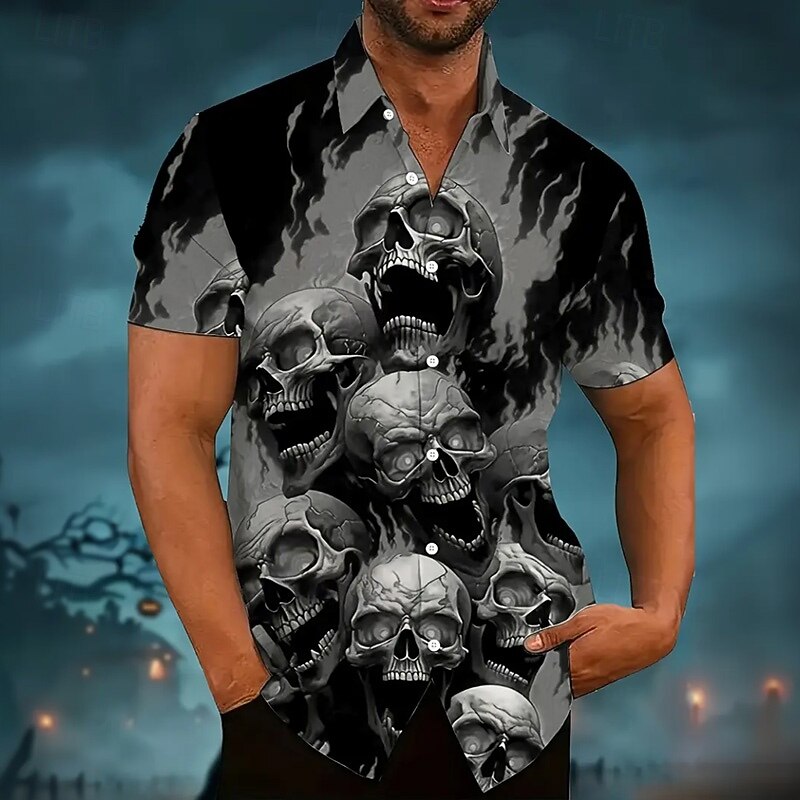Halloween Men's Flame Halloween Costumes Skulls Shirt Summer Shirt Button Up Shirt Short Sleeve Dark Punk Gothic Style Holiday Streetwear Summer Spring Turndown 3D Print Collared Shirts Purple Orange3