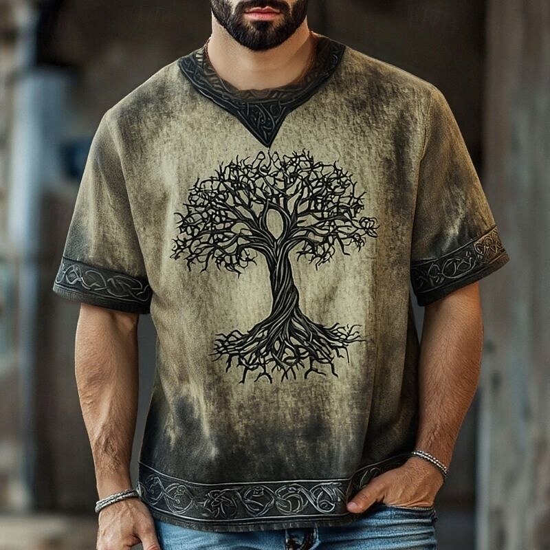Men's T Shirt Tee Short Sleeve Shirt Tee Top Short Sleeve V Neck Summer Tribal Tree Of Life Yggdrasil Vintage Designer Basic Print Vacation Street Going out Light Green Green Top Tee for Men3