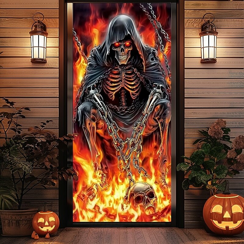 Halloween Door Cover – Skeleton Grim Reaper in Flames, Haunted House Entrance Banner, Horror Outdoor 2025 Halloween Decoration for Bedroom, Living Room, Bathroom