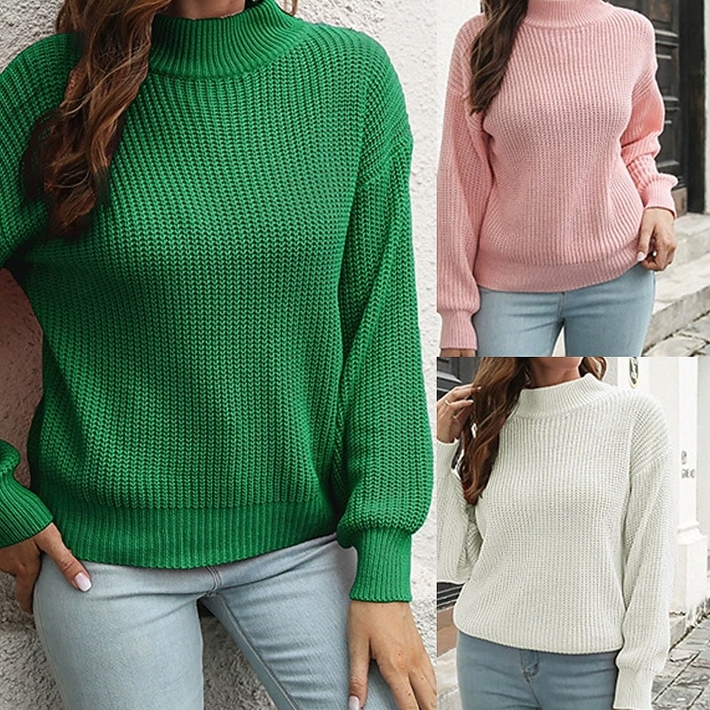 Women's Pullover Casual Solid Color Chunky Turtleneck Knitted Long Sleeve Regular Tops Knit Daily Holiday Going out White Pink Fall Winter