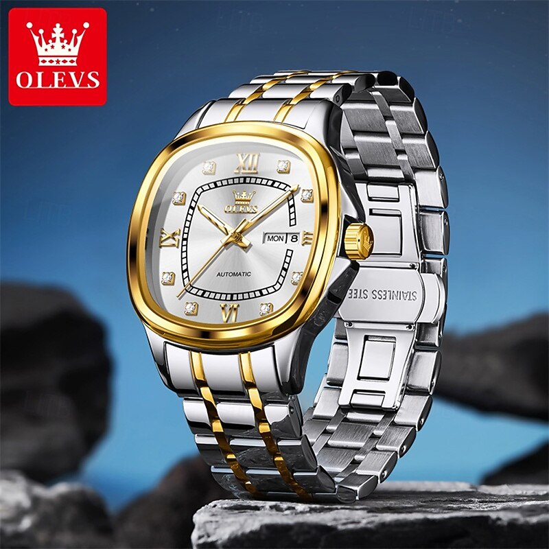 The New Olevs Square Dial Men'S Business Watch Waterproof Luminous Calendar Day Display Fully Automatic Mechanical Watch Fashionable Casual And High-End Men'S Sports Wristwatch4