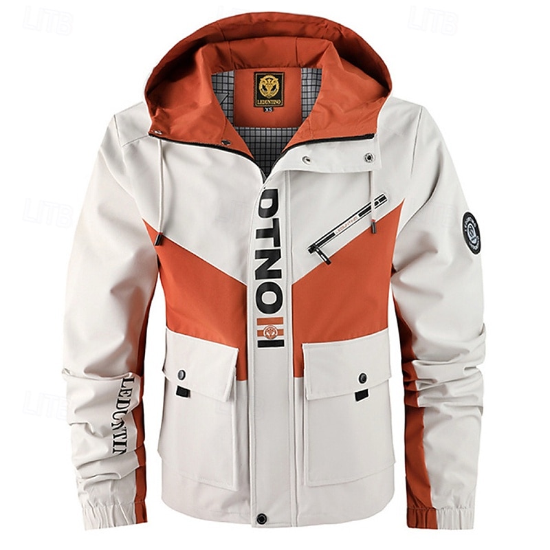 Men's Outdoor Jacket Casual Jacket Vacation Daily Windproof Warm Pocket Fall Winter Color Block Letter Fashion Classic Hooded Regular White Dark Gray Jacket