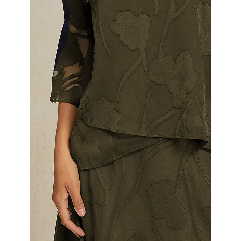 Women's Lace Shirt Blouse Dressy Tops Chiffon Tops Solid Color Floral Flower Elegant Stylish 3/4 Length Sleeve Bell Sleeve Boat Neck Regular Tops Wedding Guest Work Daily Asymmetric Hem Olive Summer3
