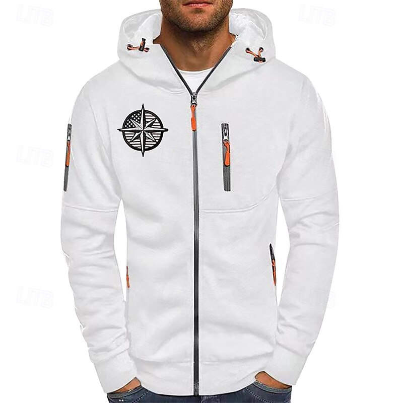 Men's Hoodie Full Zip Hoodie Black White Navy Blue Light Grey Dark Gray Hooded Print Zip Up Patchwork Sports & Outdoor Daily Holiday Polyester Streetwear Basic Casual Spring Fall Clothing Apparel