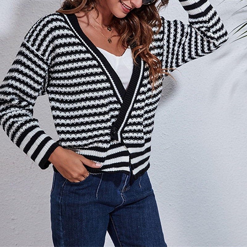Women's Cardigan Casual Striped Chunky V Neck Knitted Long Sleeve Regular Tops Knit Daily Holiday Going out Black Fall Winter4