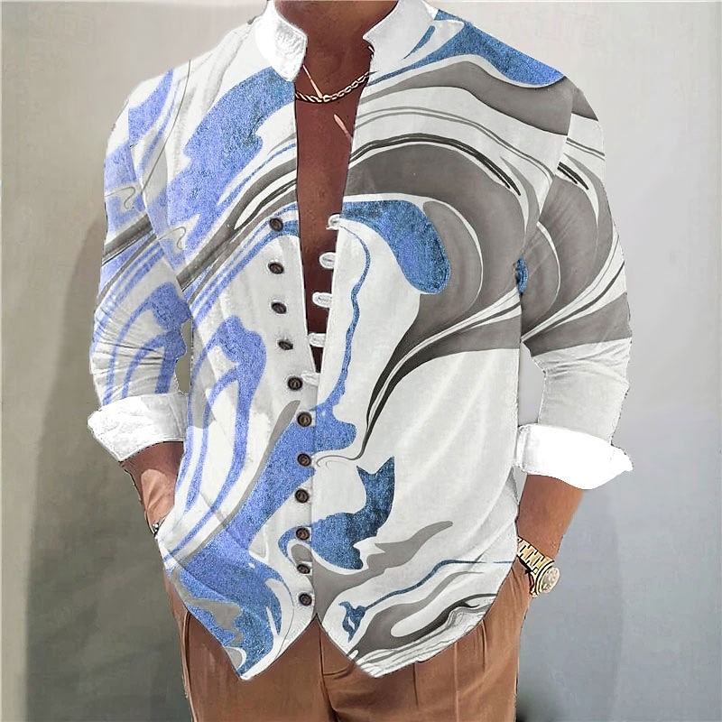 Men's Marble Abstract Liquid Art Shirt Stand Collar Shirt Long Sleeve Casual Vacation Daily Wear Going out Spring Fall Mandarin Collar Band Collar Button-Down Linen Like Shirt Pink Blue Gold Green4