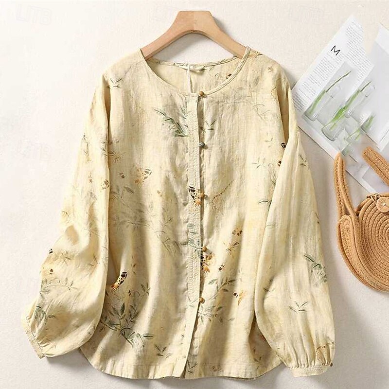 Women's Shirt Floral Daily Stylish Basic Long Sleeve Crew Neck Regular Tops Work Daily Holiday Buttons Print Beige Spring Fall