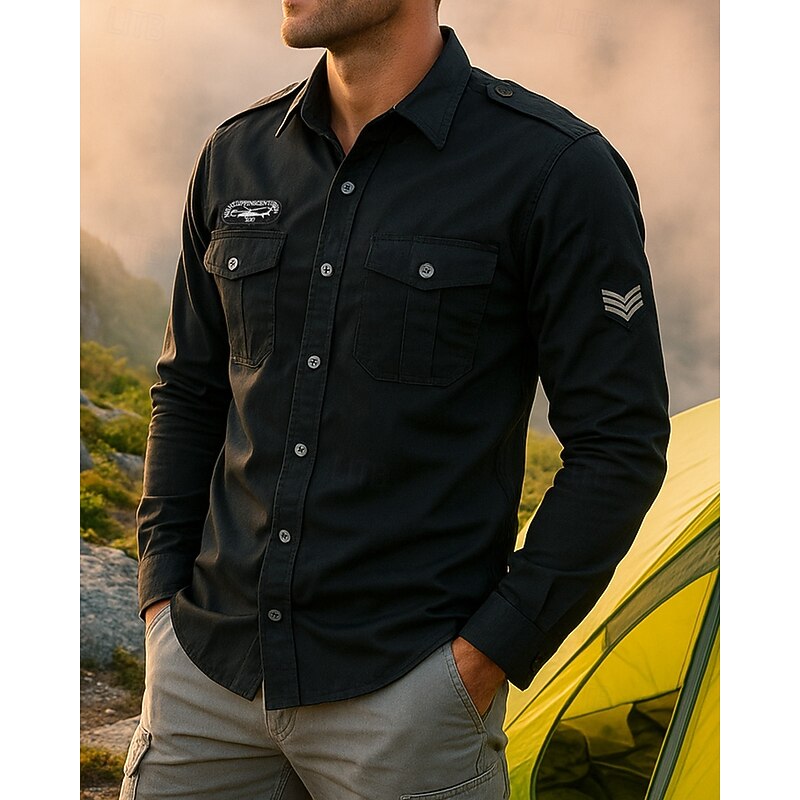 Men's Cargo Shirt Long Sleeve Turndown Top Outdoor Breathable Cotton Black Green Tennis Golf Running