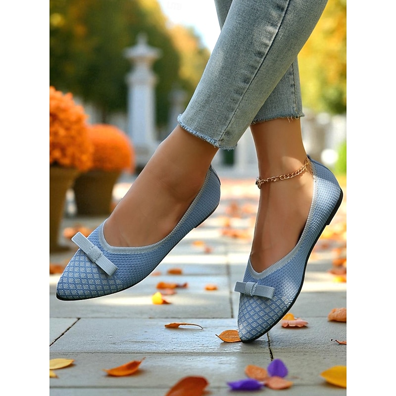 Women's Light Blue Flyknit Pointed Toe Flats with Bow - Breathable Casual Ballet Shoes for Ladies and Teens, Ideal for Spring, Garden Walks, and Daily Wear4