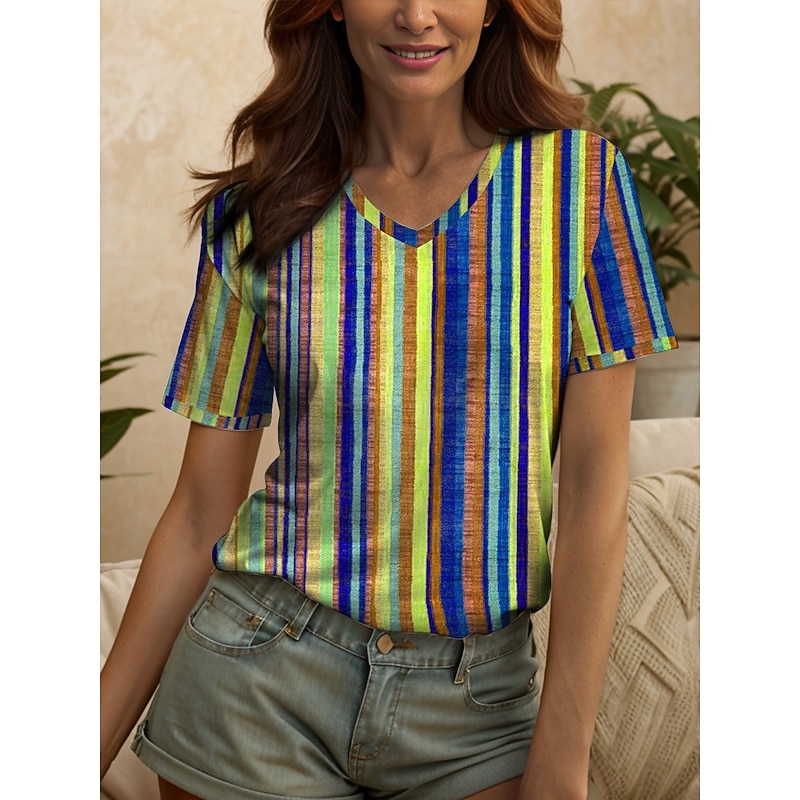Women's T Shirt Graphic Geometric Striped Vintage Stylish Classic Short Sleeve V Neck Regular Tops Daily Print Yellow Pink Blue Purple Rainbow Summer Spring4