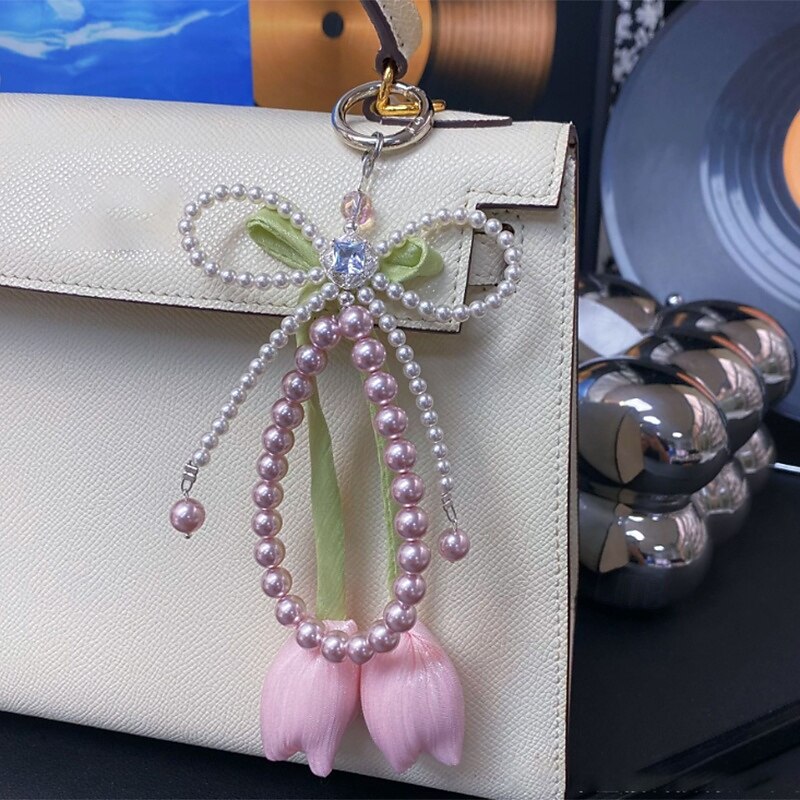 New Fashion Pearl Water Diamond Tulip Flower Mobile Phone Premium Hanging Chain Mobile Pendant Bag Pendant3