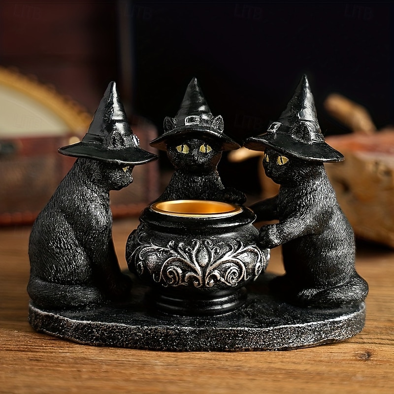 Witch Cat Sculptures Collectible Figurines Set of 1 Halloween Metal and Resin Decor Indoor Use Seasonal Holiday Decorations for Various Room Types Without Electricity