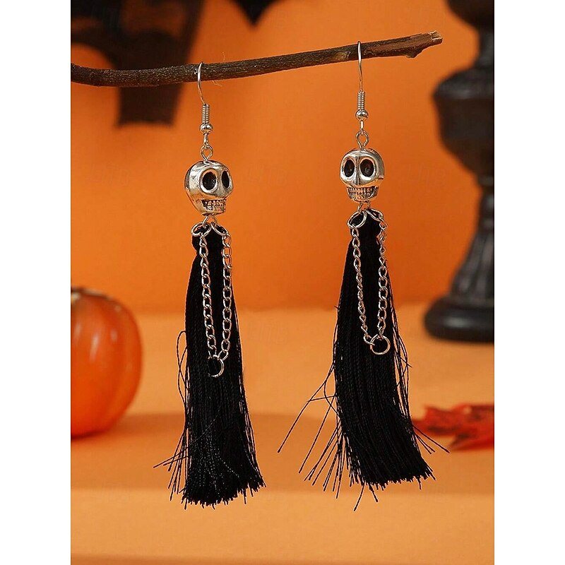Women's Skull Tassel Drop Earrings – Gothic Dangle Chain Skeleton Jewelry for Halloween Costume Parties and Spooky Night Out