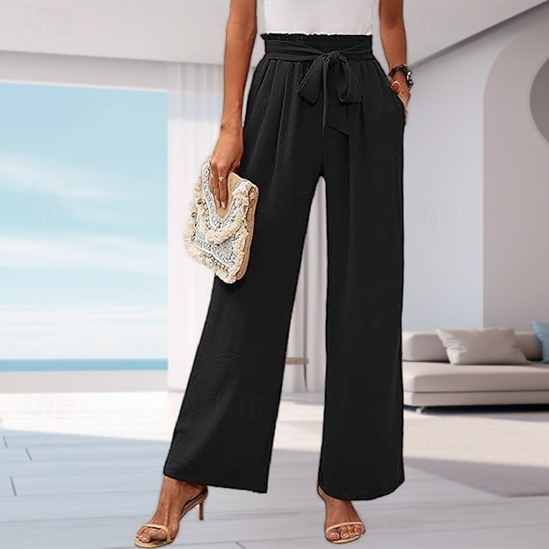 Women's Wide Leg Slacks Streetwear Casual Full Length Natural Plain Pocket Elastic Waist Comfortable Outdoor Vacation Going out Grey Black White Sky Blue Fall Regular Fit