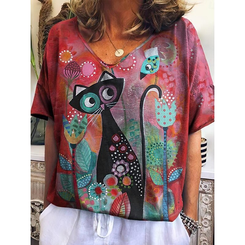Women's T Shirt Floral Cat Fashion Modern Casual Short Sleeve V Neck Regular Tops Daily Weekend Print Red Blue Green Gray Summer