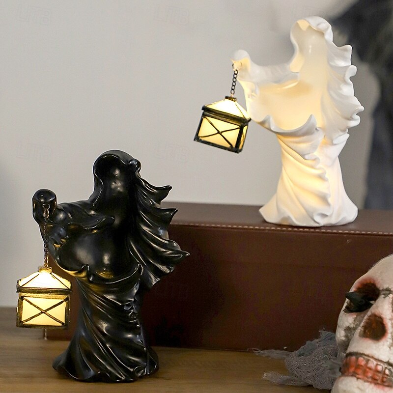 Halloween Resin Figurine LED Light Up Hell Messenger Ghost Lantern Statue Spooky Black and White Resin Yard Decor for Garden Patio Tabletop Haunted Holiday Display
