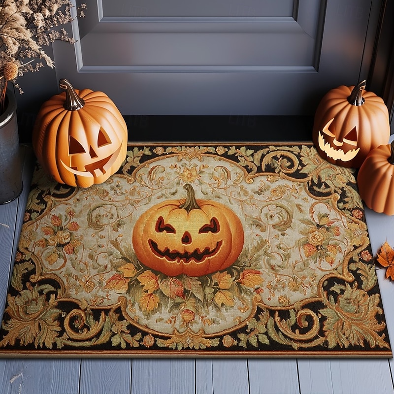 Halloween Indoor Outdoor Doormat Kitchen Mat Pumpkin Face with Ornamental Frame Design, Non-Slip Front Door Mat for Porch, Entryway, Patio, Bedroom, Bathroom and 2025 Halloween Home Decoration2