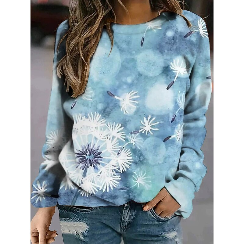Women's Sweatshirts Floral Graphic Dandelion Casual Long Sleeve Crew Neck Regular Tops Street Dailywear Casual Print Light Green Dark Green Light Blue Spring Fall Winter