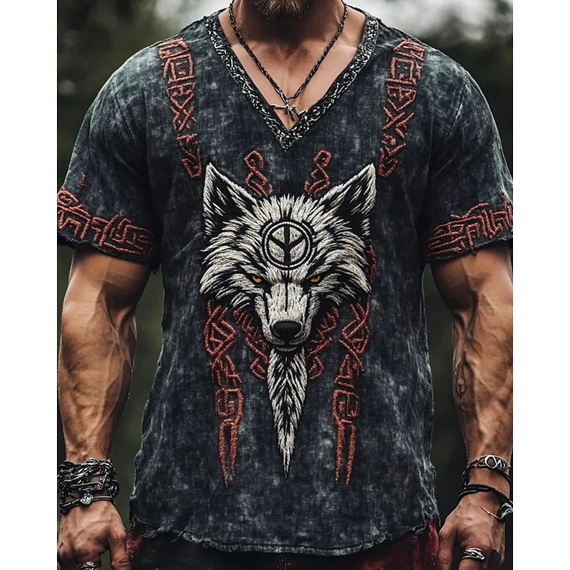 Men's T Shirt Tee Short Sleeve Shirt Tee Top Short Sleeve V Neck Summer Wolf Viking Vintage Designer Ethnic Style Print Vacation Street Going out Black Blue Dark Gray Top Tee for Men3
