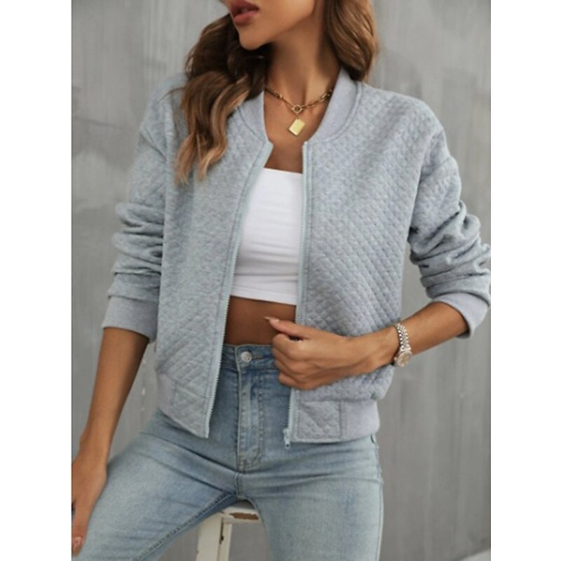 Women's Casual Jacket Comfortable Breathable Full Zip Outdoor Casual Plain Casual Daily Wear Regular Notch Lapel Regular Fit Long Sleeve Outerwear Black White Khaki Fall Winter2