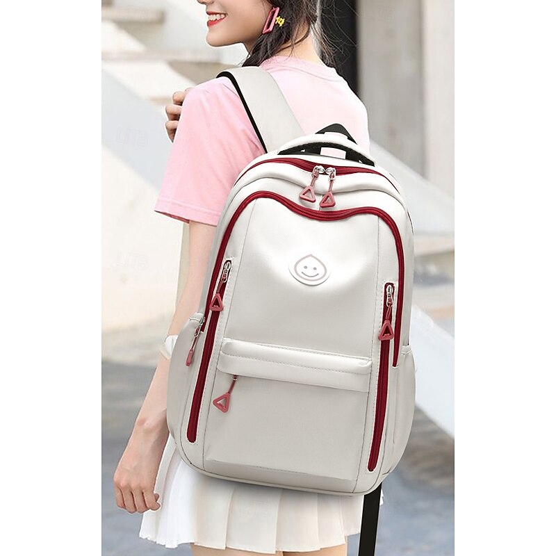 Unisex White School Backpack with Red Zipper Details, Large Capacity Waterproof Multi-Pocket Bookbag for Middle and High School Students3