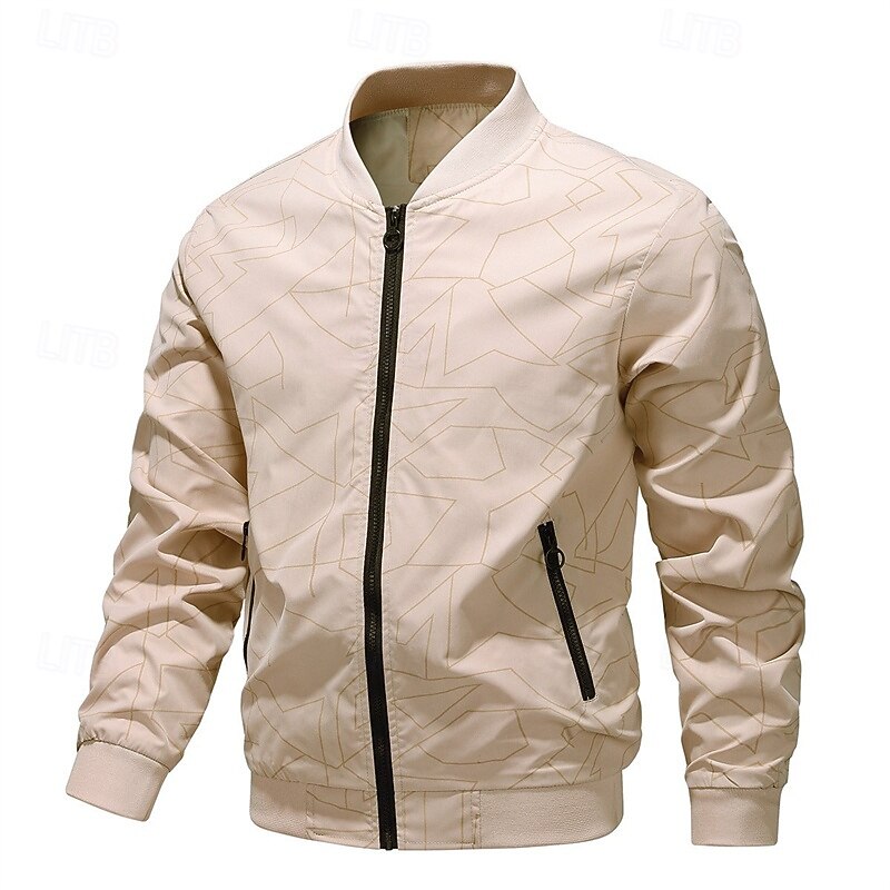 Men's Lightweight Jacket Casual Jacket Vacation Daily Pocket Spring Fall Geometic Fashion Classic Stand Collar Regular Black Army Green Beige Jacket