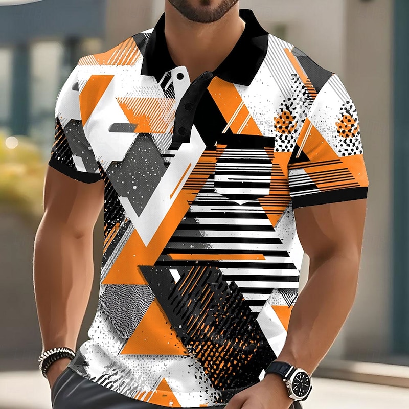Men's Geometric Polo Short Sleeve Polo Shirts Collared Shirts Casual Outdoor Athleisure Daily Wear Pocket 3D Print Buttons Summer Red Blue Orange3