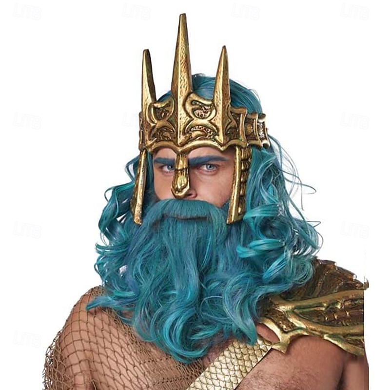 Teal Ocean King Wig and Beard Set – Synthetic Hair, Perfect for Halloween, Cosplay & Themed Parties2