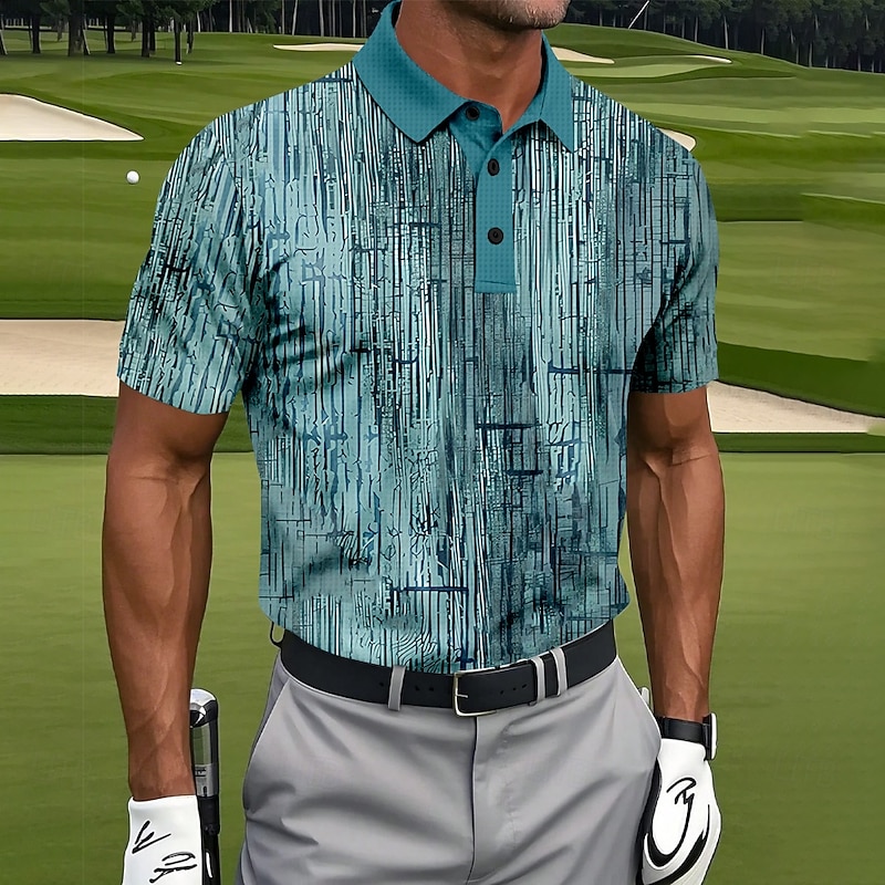 Men's Golf Gradient Stripes Waffle Polo Shirts Golf Shirt Short Sleeve Polo Shirts Collared Shirts Sportswear Casual Outdoor Athleisure Daily Wear 3D Print Buttons Summer Blue Purple Green2