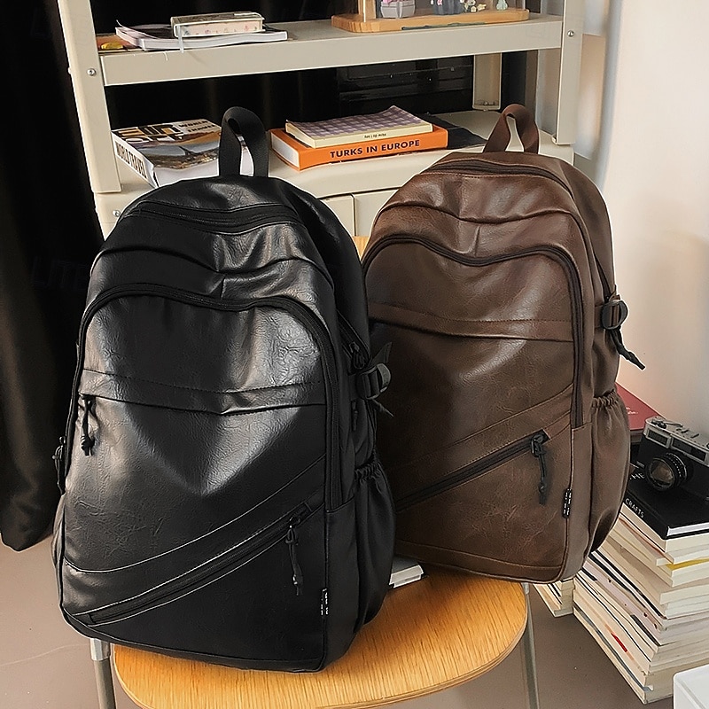 Men's Brown Faux Leather Backpack – Stylish Laptop Bookbag with Zipper Pockets for Work, College, and Travel4