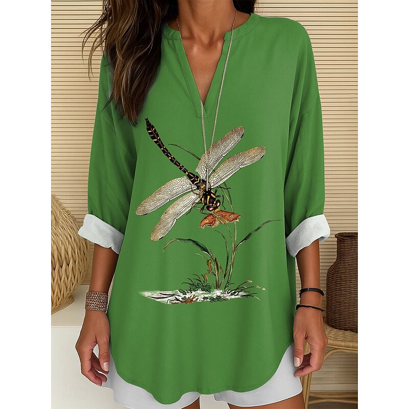 Women's Blouse Tunic V Neck Long Sleeve Boho Casual Tops Graphic Animal Dragonfly Vintage Tropical Long Tops Daily Wear Print White Blue Purple Green2