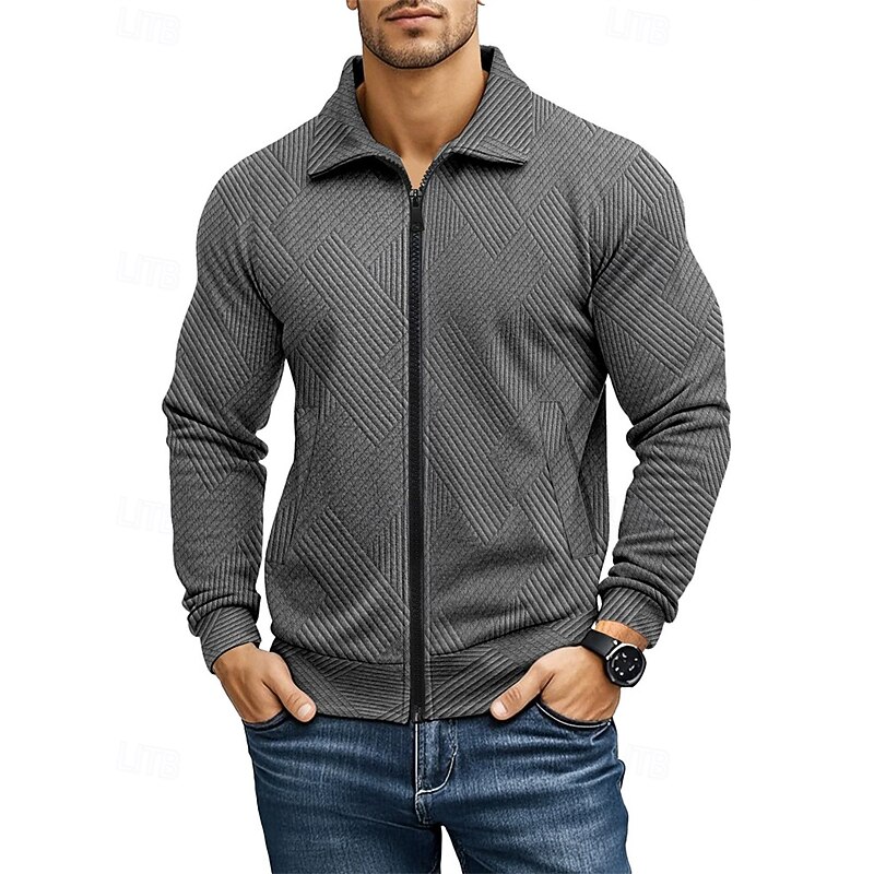 Men's Lightweight Jacket Casual Jacket Vacation Daily Breathability Pocket Jacquard Spring Fall Plain Fashion Classic Lapel Regular Black White Navy Blue Khaki Light Grey Jacket2