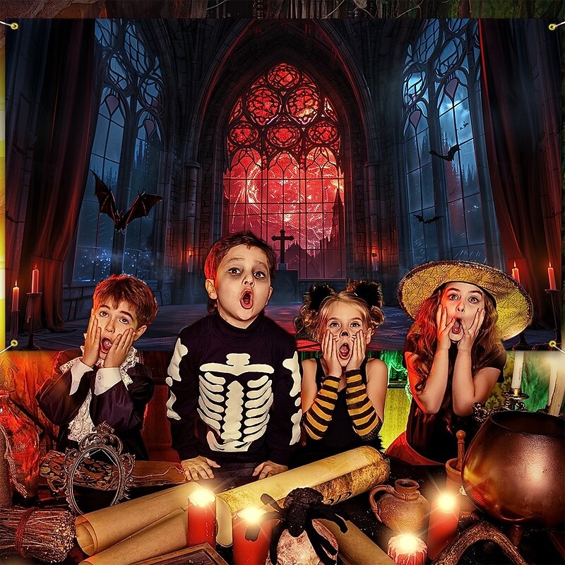 Halloween Gothic Cathedral Wall Tapestry – Red Stained Glass Window Scene with Dark Ambiance, Horror Backdrop for 2025 Halloween Living Room, Bedroom, Haunted House Decoration3