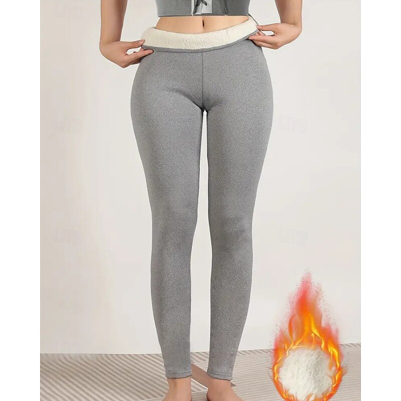 Women's Fleece Pants Slacks Leggings Streetwear Casual Full Length Natural Plain Elastic Waist Thermal Warm Comfy Vacation Going out Black Grey Grey Light Grey Winter Regular Fit2