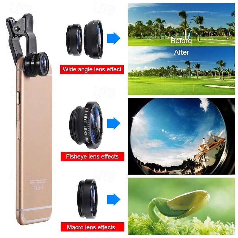 3in1 Fisheye Wide Angle Micro Camera Lens for iPhone Xiaomi Redmi 3IN1 Zoom Fish Eye Len on Smartphone Lenses with Phone Clip2