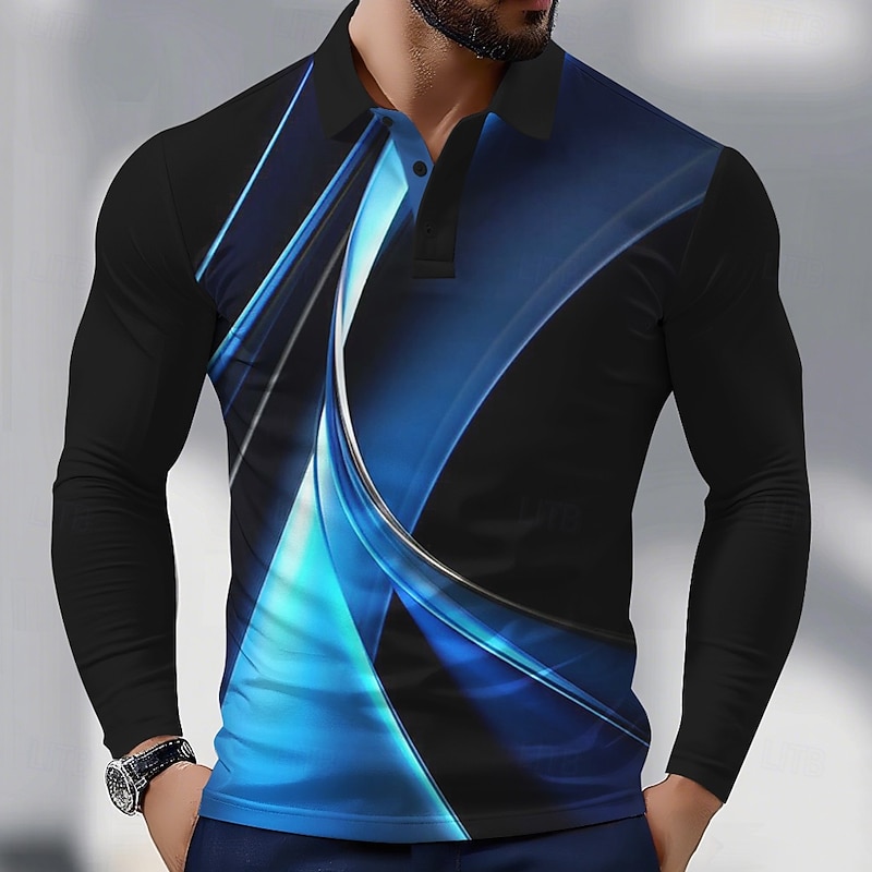 Men's Geometric Line Polo Long Sleeve Polo Shirts Collared Shirts Business Casual Athleisure Daily Wear 3D Print Spring Fall White Blue Green
