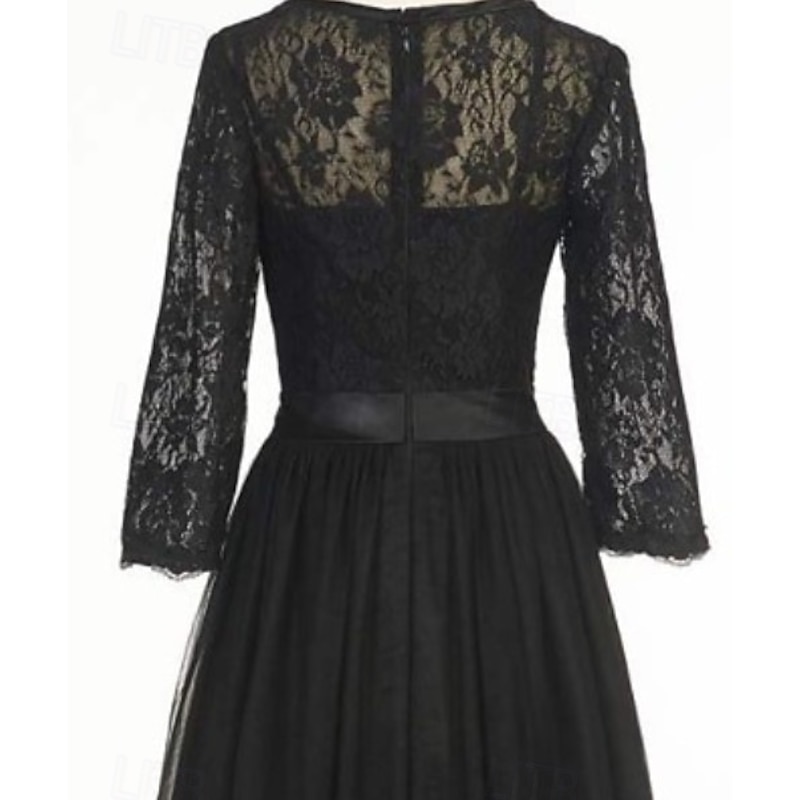 A-Line Cocktail Dresses Elegant Dress  Ankle Length 3/4 Length Sleeve Jewel Neck Fall Wedding Guest Tulle with Pleats Lace Insert Dresses3