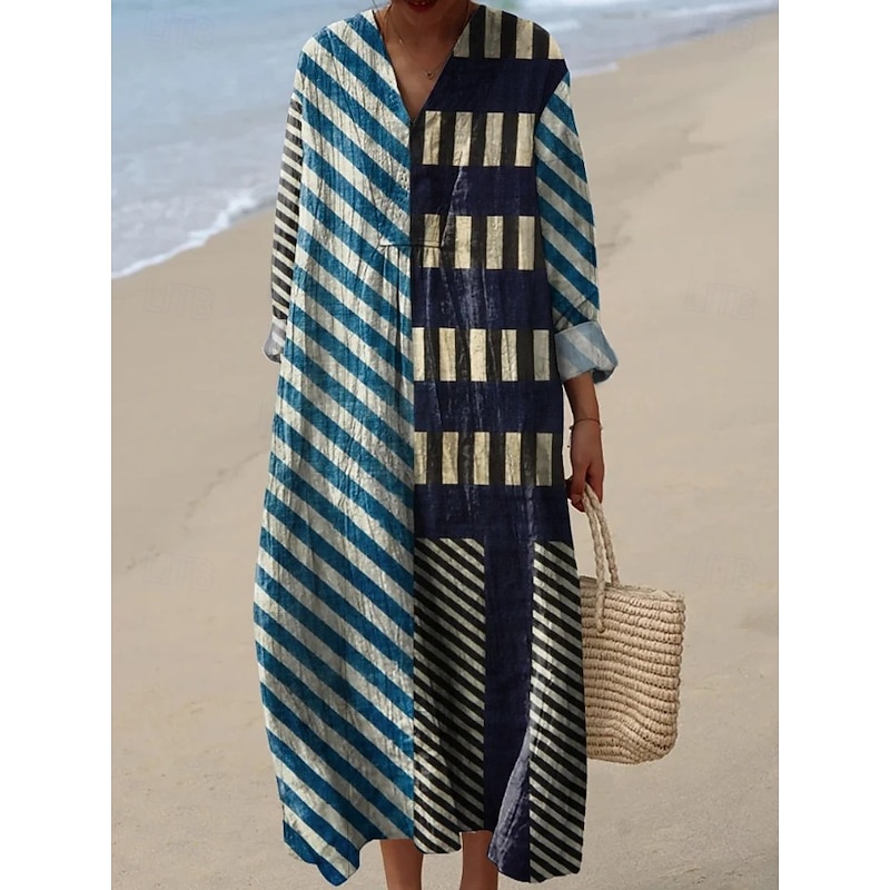 Women's Midi Dress V Neck Long Sleeve Kaftan Lightweight Loose Fit A Line Dress Casual Boho Going out Loose Fit Graphic Geometric Long Sleeve V Neck Yellow Light Brown Blue Orange Fall2